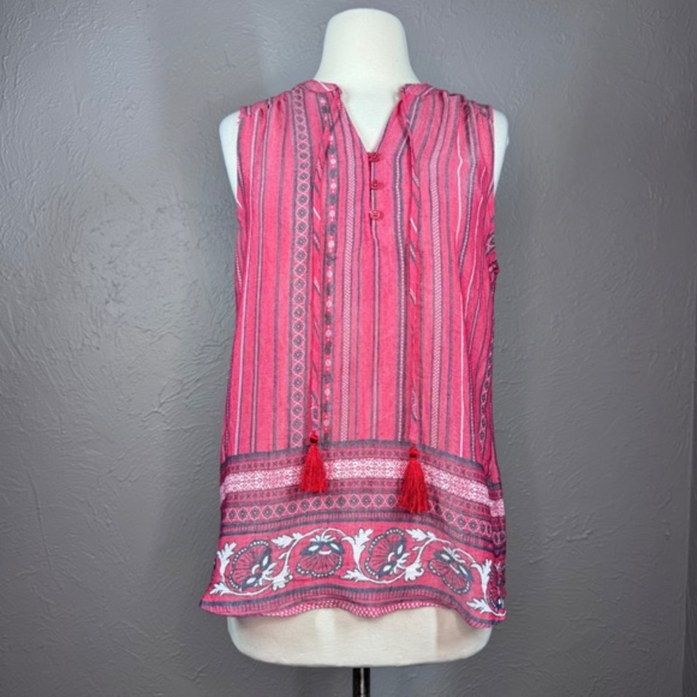 Women's medium red boho sleeveless top with tasselss - Summer bohemian festival‎